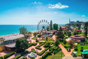 Aerial view of Golden Sands beach resort , Zlatni Piasacithe near Varna, Bulgaria