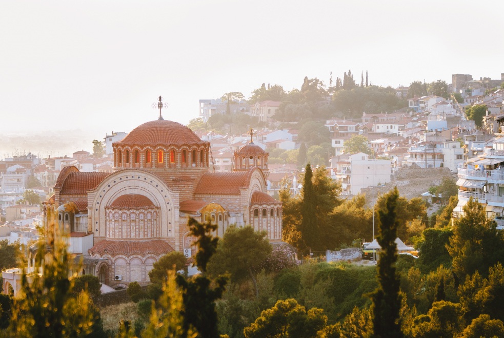 View of the Church St. Paul and Thessaloniki city at sunset, Greece